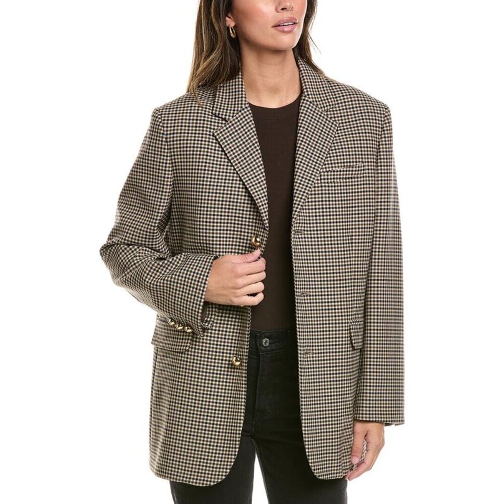 Frame Denim Womens The Houndstooth Wool-Blend Blazer, Navy
